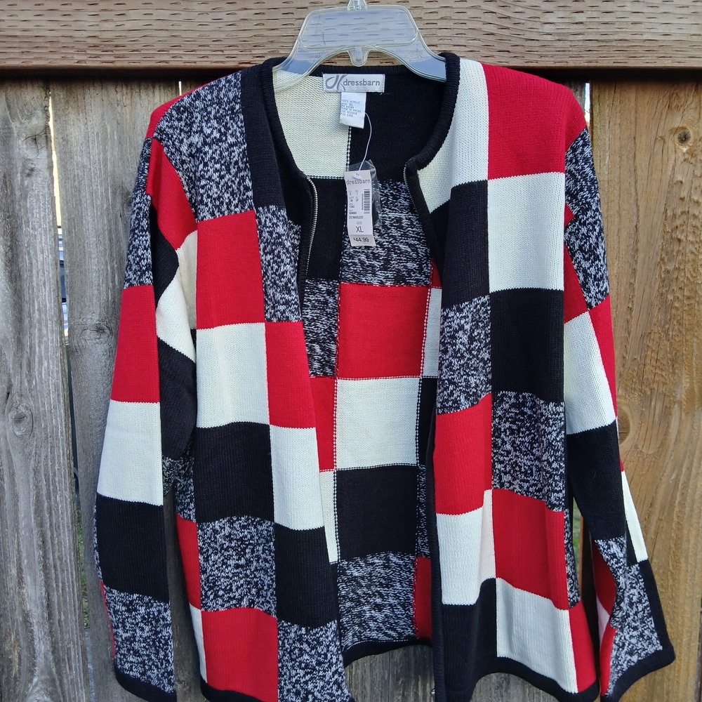 Dressbarn Red and Black Checkered Cardigan